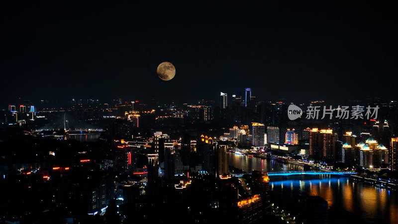 福州夜景照片航拍城市超级月亮福州中秋月亮