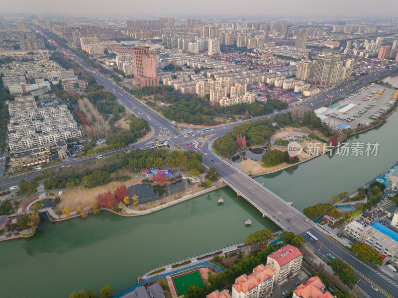 航拍昆山冬日城市日落风光大景