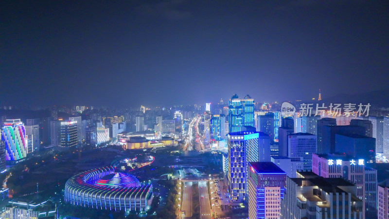 青海西宁市海湖新区海湖广场CBD夜景航拍