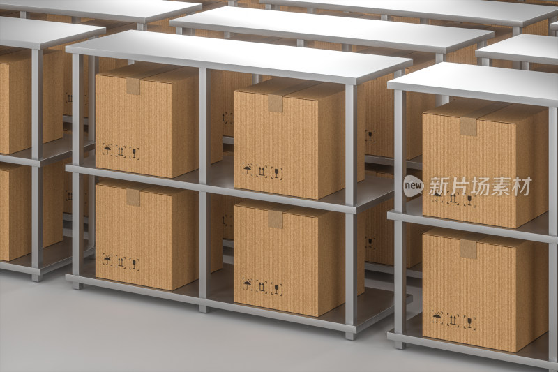 包装箱与货架快递运输仓储概念图 三维渲染