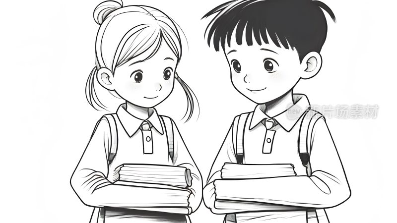 两个抱着书本正在聊天的小学生