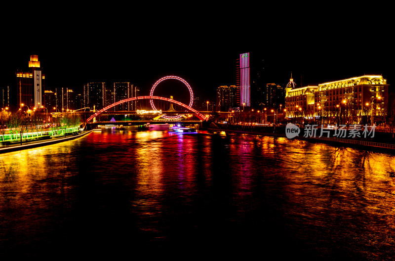 天津海河风情天津之眼摩天轮城市夜景风光