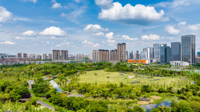 成都天府新区天府公园大草坪与城市天际线