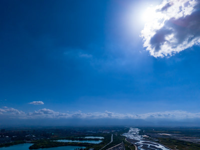 甘肃张掖国家湿地公园蓝天天空航拍图