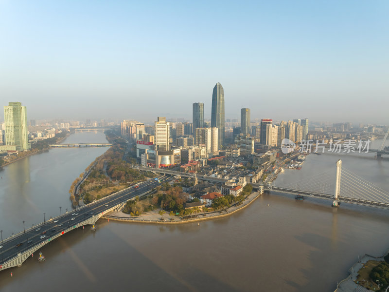 浙江宁波CBD城市光影日出夜景高空航拍