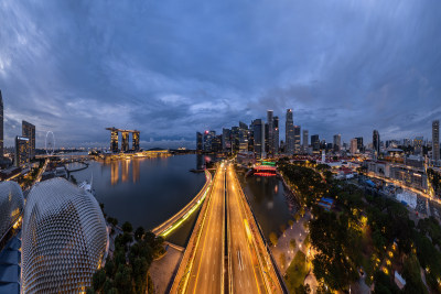 新加坡滨海湾金沙海滨奥林匹克蓝调夜景航拍