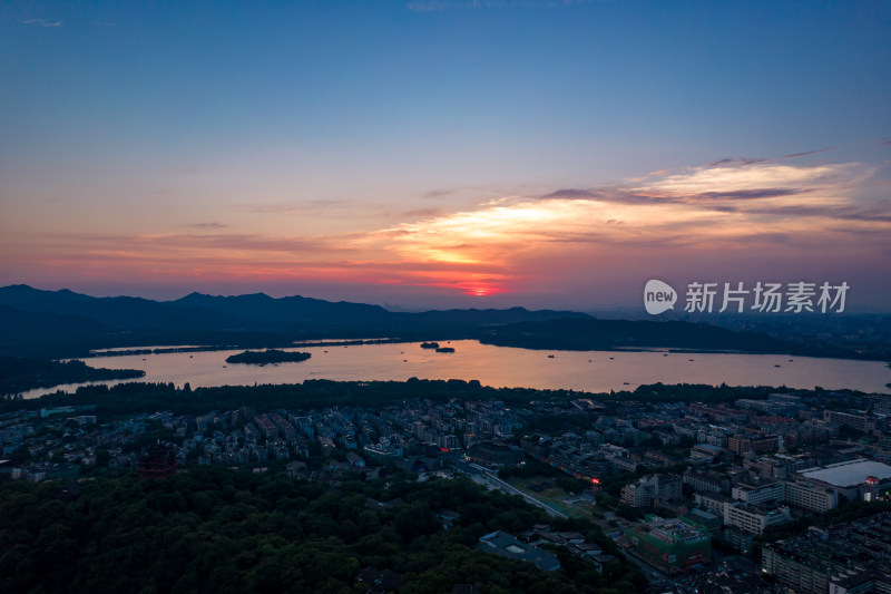 杭州西湖日落晚霞航拍摄影图