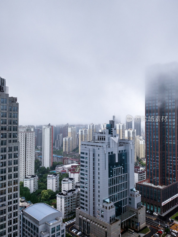 雾中城市高楼林立的俯瞰景象