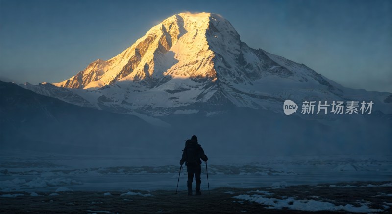 背包客于雪山云海前徒步远望