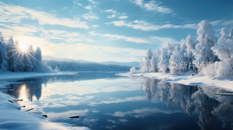 冬天下雪后的湖景