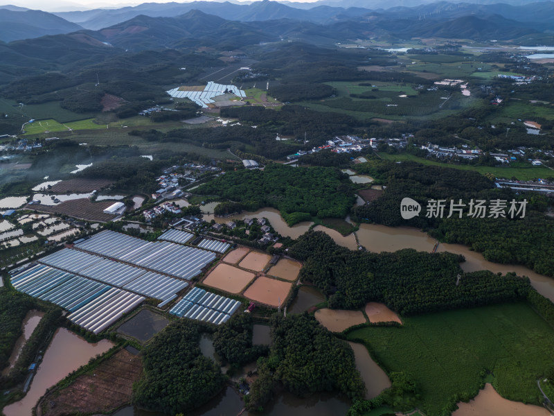 航拍农田与温室大棚交织的乡村风光