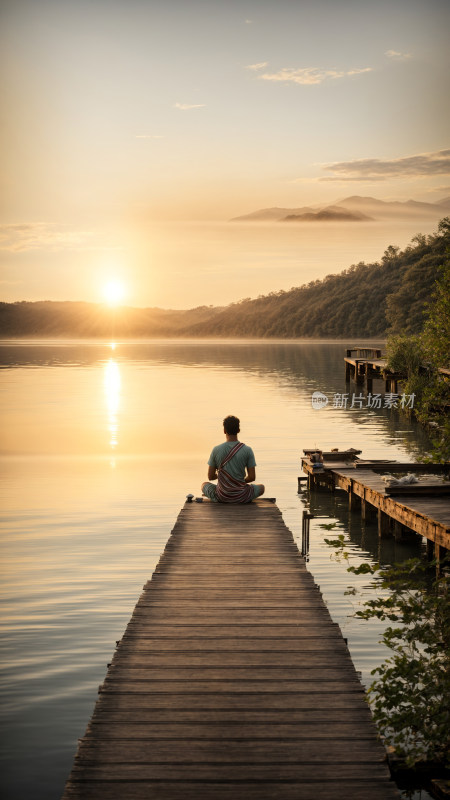 男人盘腿坐在日落的湖边