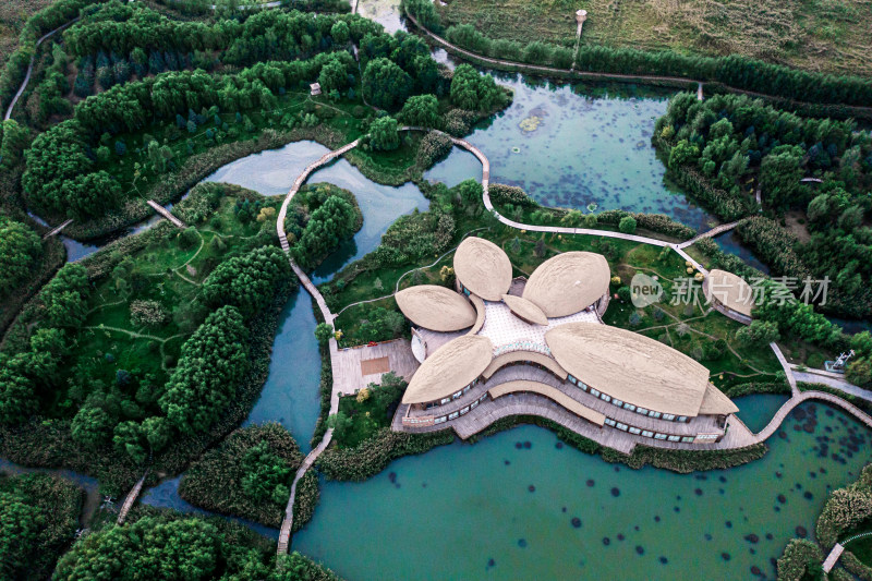 甘肃张掖国家湿地公园建筑俯拍航拍