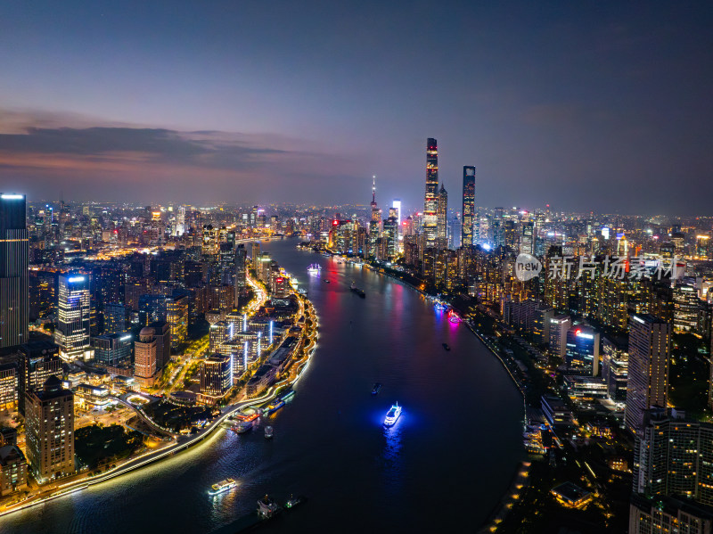 航拍上海外滩黄浦江陆家嘴城市夜景