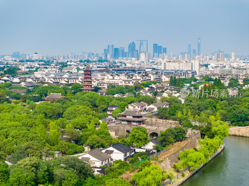 航拍苏州盘门景区中式园林建筑苏州古城