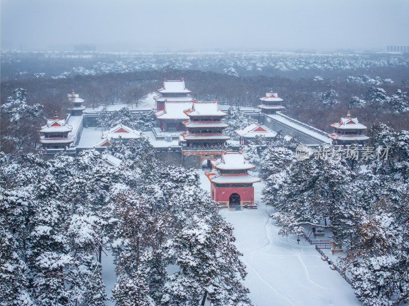 辽宁沈阳北陵公园清昭陵大雪中古建筑航拍