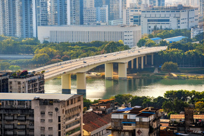 南宁城市中的跨河大桥与林立高楼的景观