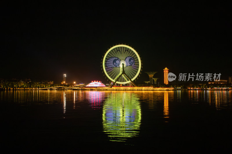 唐山惠丰湖唐山之光摩天轮夜景与湖光倒影