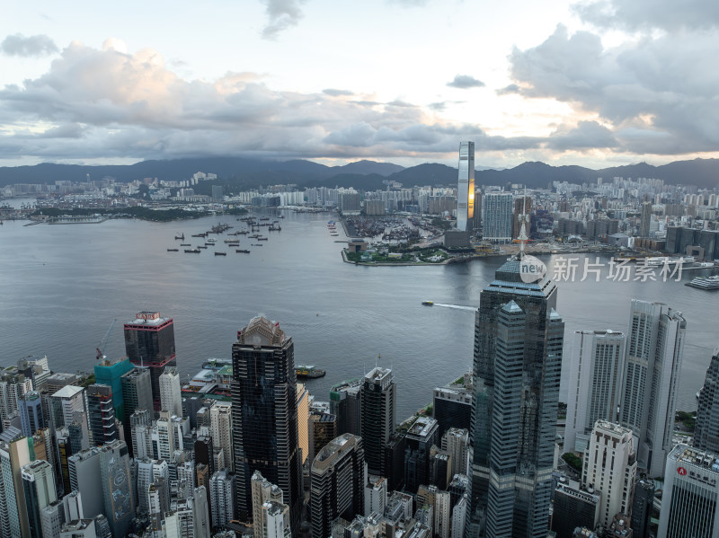 香港维多利亚港CBD中环夜景日出高空航拍