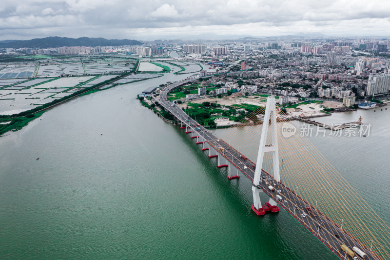 城市中的跨江大桥鸟瞰全景