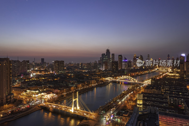 天津海河光华桥日落城市建筑街道夜景航拍