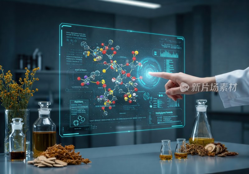 科研人员操作虚拟化学分子屏幕