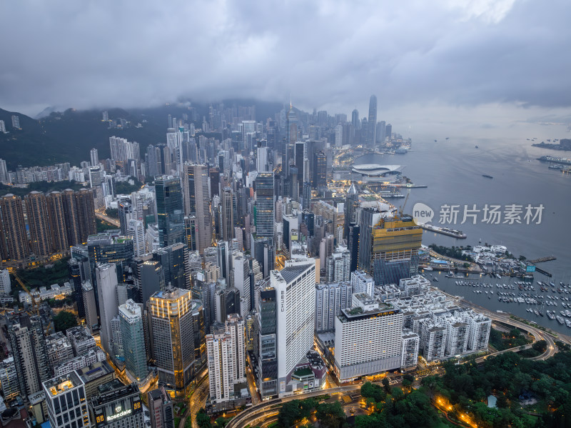 香港维多利亚港CBD中环夜景日出高空航拍