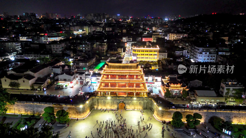 广东潮州古城广济门城楼夜景航拍