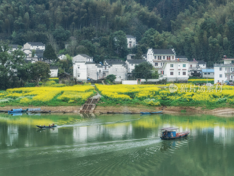 皖南歙县新安江山水画廊春天江边油菜花村庄