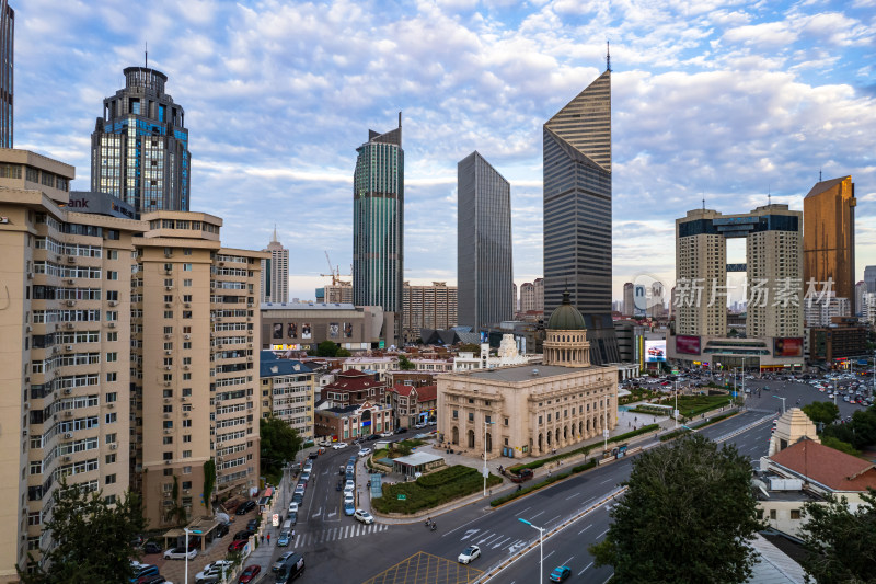 天津小白楼商圈音乐厅城市建筑风光航拍