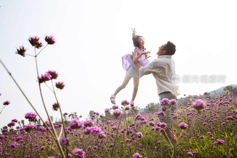 父亲抱着女儿在花丛中玩耍