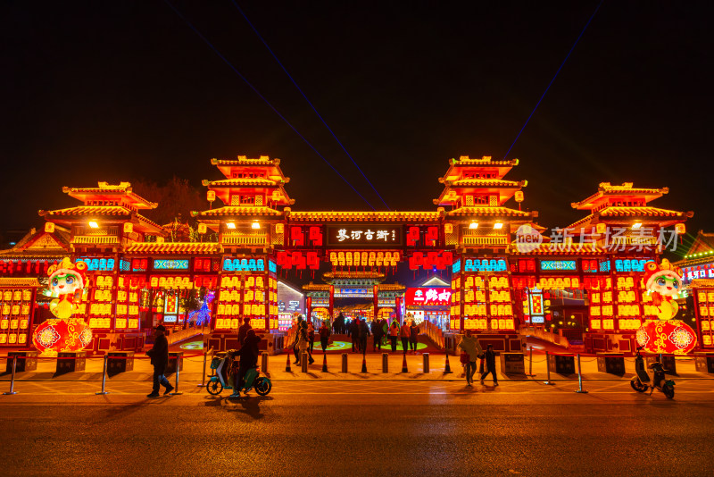 曲阜蓼河古街古建街区夜景航拍