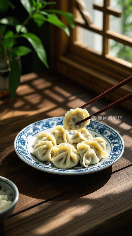 桌子上一盘饺子食物中国新年水饺