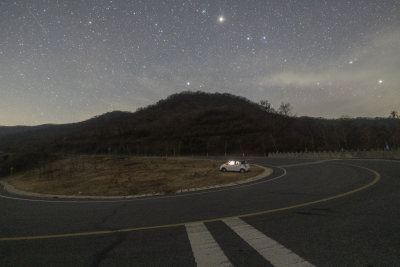 野外草地中停放着的汽车夜景星空图