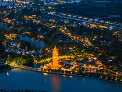 航拍江南水乡古镇乌镇夜景