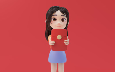 手拿红包的可爱小女孩3D渲染
