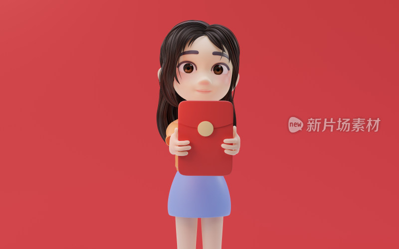 手拿红包的可爱小女孩3D渲染