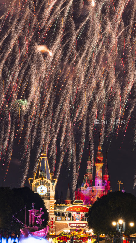 迪士尼城堡上空绚烂烟花绽放夜景