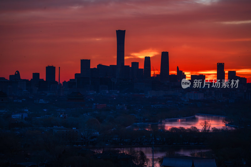 北京城市建筑剪影夕阳晚霞