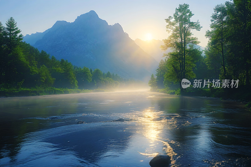 河流树木山峰天空风景