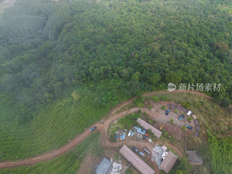 航拍视角下的丛林间越野车营地与植被景象