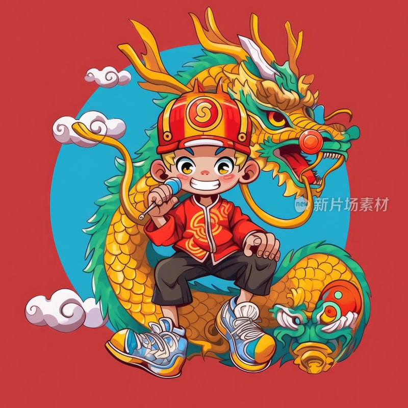 国潮插图，舞龙的小男孩