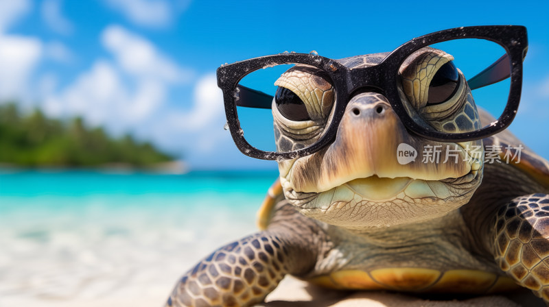 海滩上的时尚达人：戴眼镜的海龟肖像