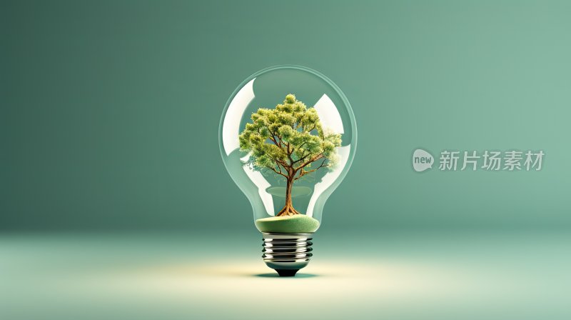 环保创意插图，灯泡中的绿树