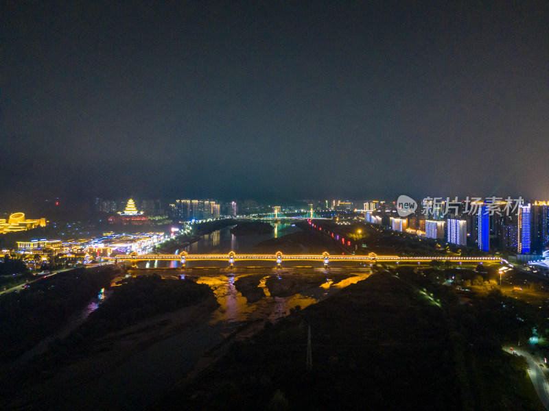 宝鸡渭河两岸夜景航拍图