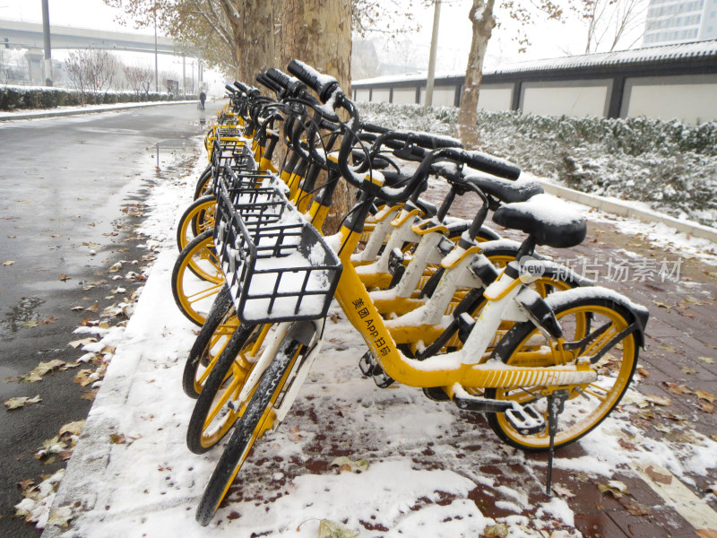 冬天雪覆盖共享单车照片