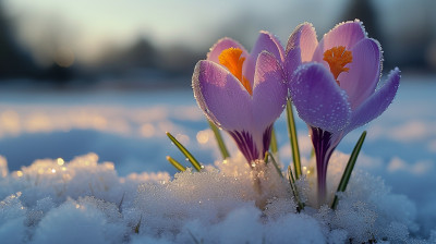 雪中绽放的紫色番红花