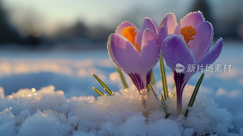 雪中绽放的紫色番红花