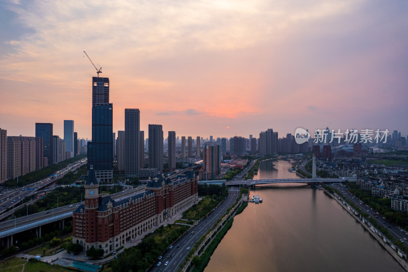 天津海河富民桥城市建筑日落晚霞风光航拍