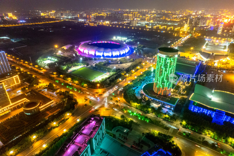 航拍河北沧州城市夜景灯光